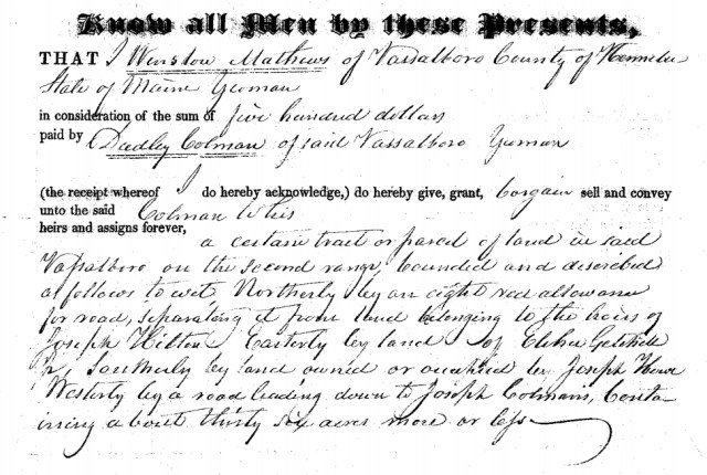 1826 Dudley Coleman Land Purchase Vassalboro, Maine