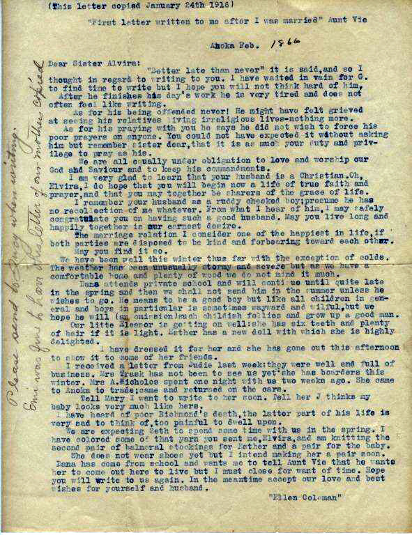 1866 letter from Ellen Webber Coleman to sister in law Elvira Coleman Gilbert copied 1916