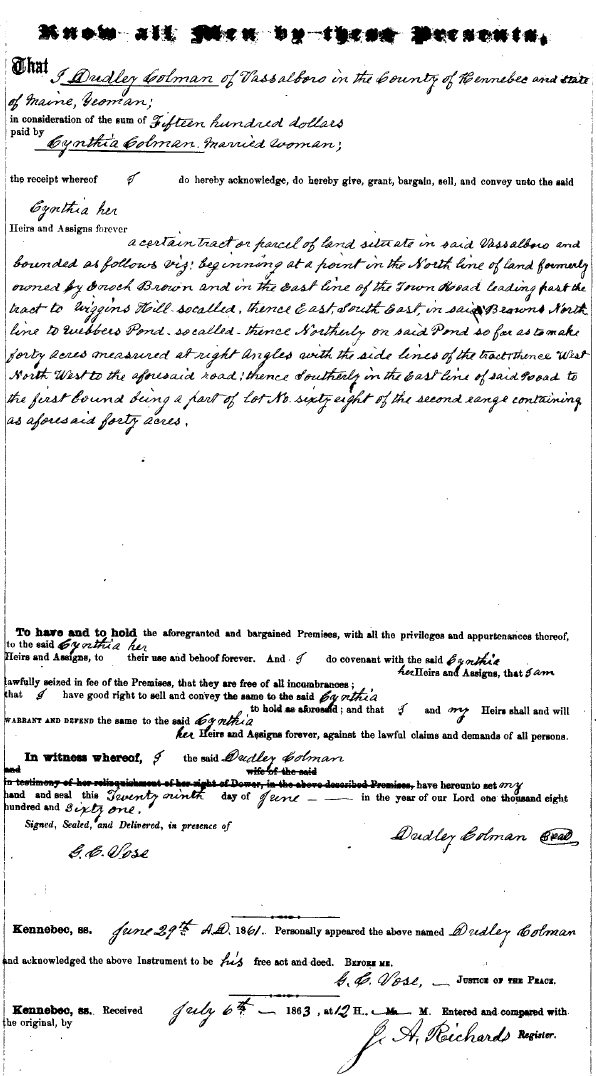 1861 - Dudley Colman to Cynthia Colman