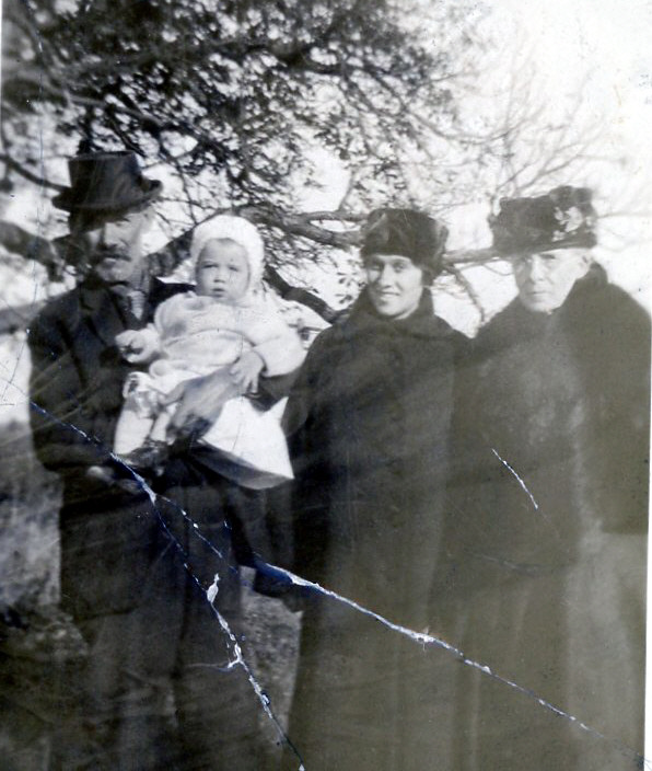 Four Generations:  Jesse Gilbert with his grandson Minard Lyman Gray   1918 - 2002 , daughter Gladys Claire Gilbert   1900 - 1987  and mother Elvira Brown Coleman   1845 - 1930  