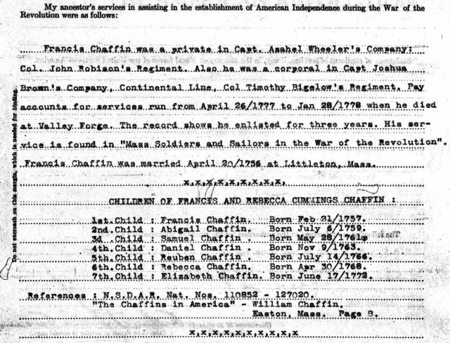 Francis Chaffin Revolutionary Service