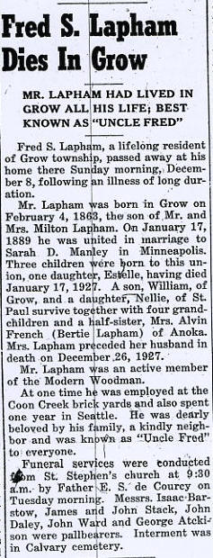 Fred S Lapham Obit Anoka Herald Dec 11 1940