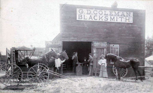 GD Coleman Blacksmith, Anoka, MN 1900 Unknown man, GD Coleman, Molly Woods Coleman, AH Russell, Lucy Coleman Russell and GD Coleman's favorite horse