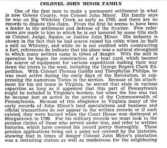 John Minor Bio - The Tenmile Country and Its Pioneer Families  By Howard L. Leckey, Leckey 1977