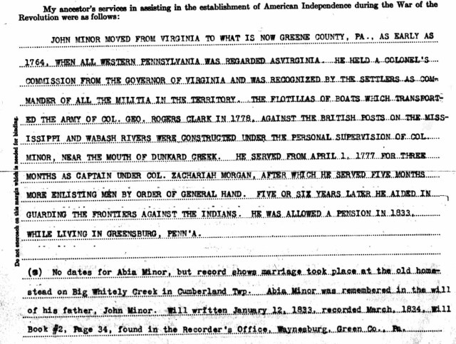 John Minor Sons of American Revolution Application