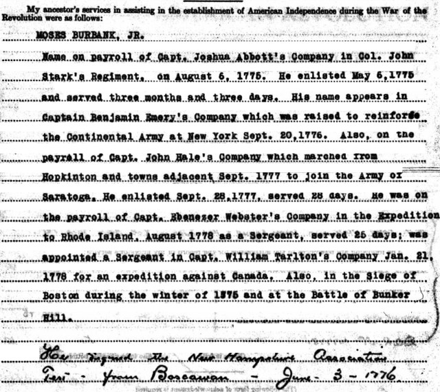 Moses Burbank Revolutionary Service