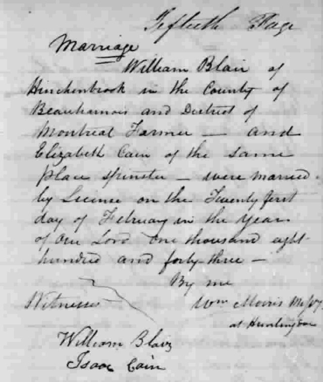William Blair m. Elizabeth Cain - 1842 Huntingdon