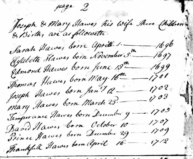 Yarmouth Town Birth Record for Joseph Hawes Family