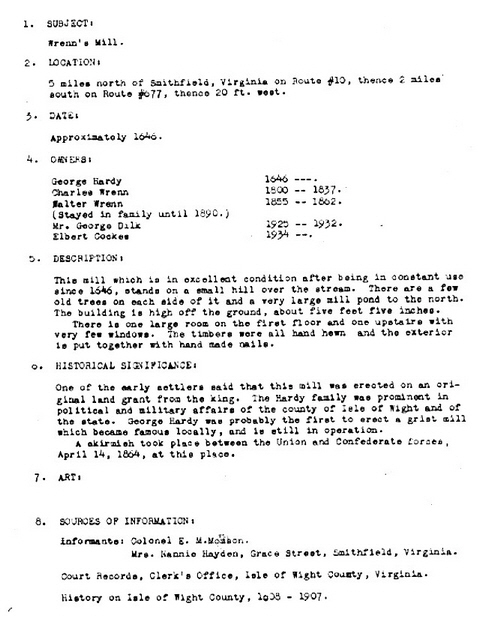 Hardy's Mill WPA Report 1937