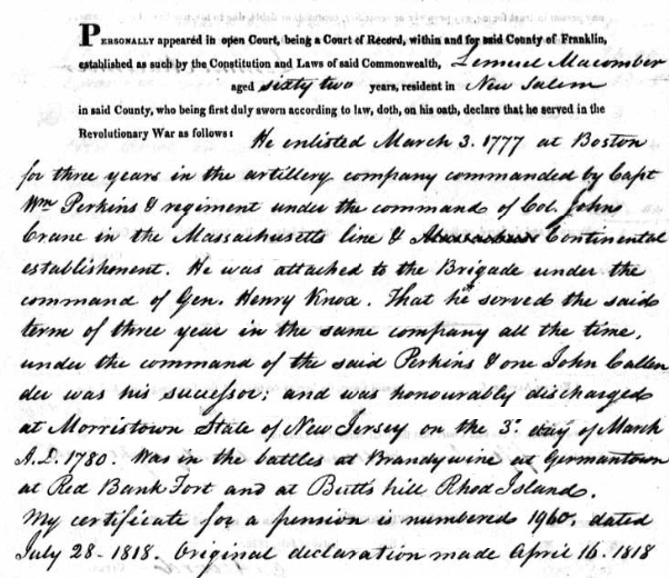 Lemuel Macomber Pension Application