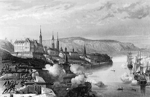 Battle of Quebec 1690 - The Batteries of Quebec bombard the New England fleet.