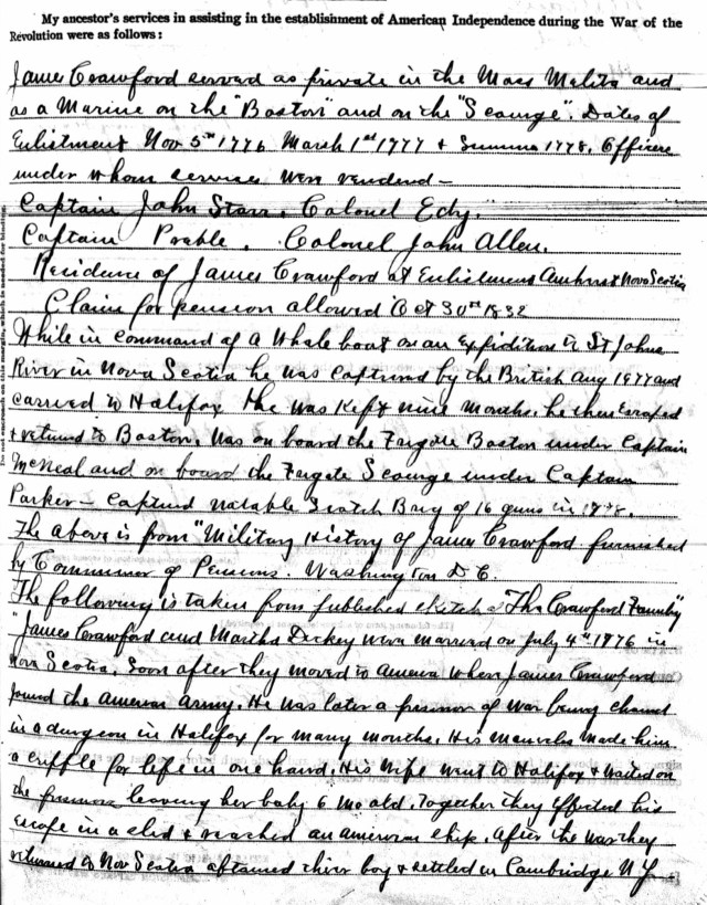 Nancy's grandfather James Crawford (1751 - 1838) Revolutionary service was dramatic  Source: His great grandson's Sons of the American Revolution Membership Application