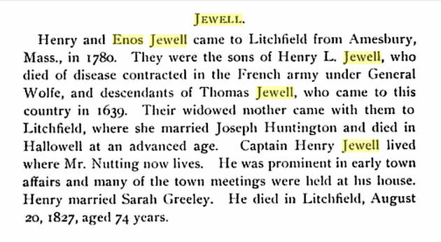 Henry Jewell Bio -  Source:  History of Litchfield and an Account of Its Centennial Celebrations, 1895