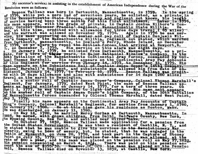 Rescom Tallman Revolutionary Service (1776 - 1780) - Sons of American Revolution Application