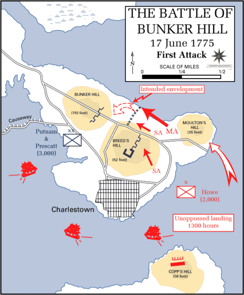 The first British attack on Bunker Hill. Shaded areas are hills