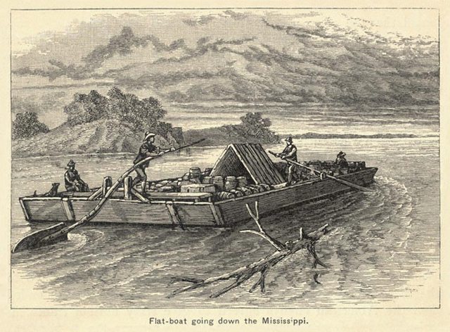Flatboat going down the Mississippi