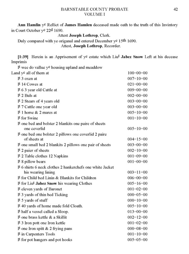 Jabez Snow Probate Inventory -- Entered on Dec 15 1690 , Barnstable County Probate Vol 1 pp42