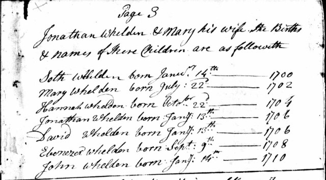 Yarmouth town birth records for Jonathan Wheldon family