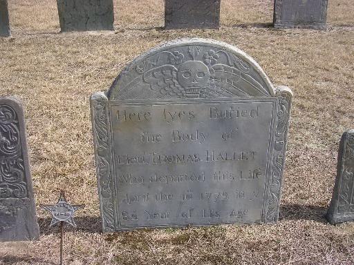 Lieut Thomas Hallet Gravestone --  Ancient Cemetery, Yarmouth Port -- Find A Grave Memorial# 35038609