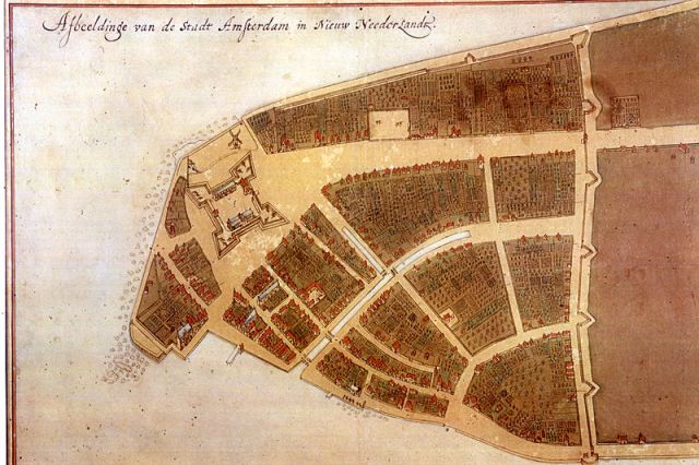 Fort Amsterdam is the large quadrangular structure towards the tip of the island.
