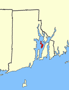Prudence Island, shown in red, in the inner part of Narragansett Bay